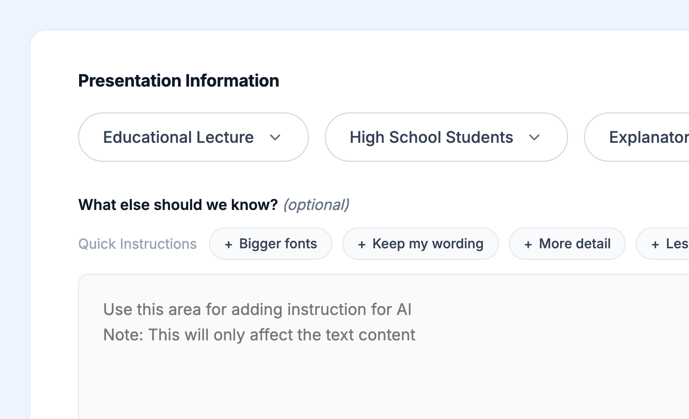 Add Your Instructions screen with dropdowns for audience, type, and tone