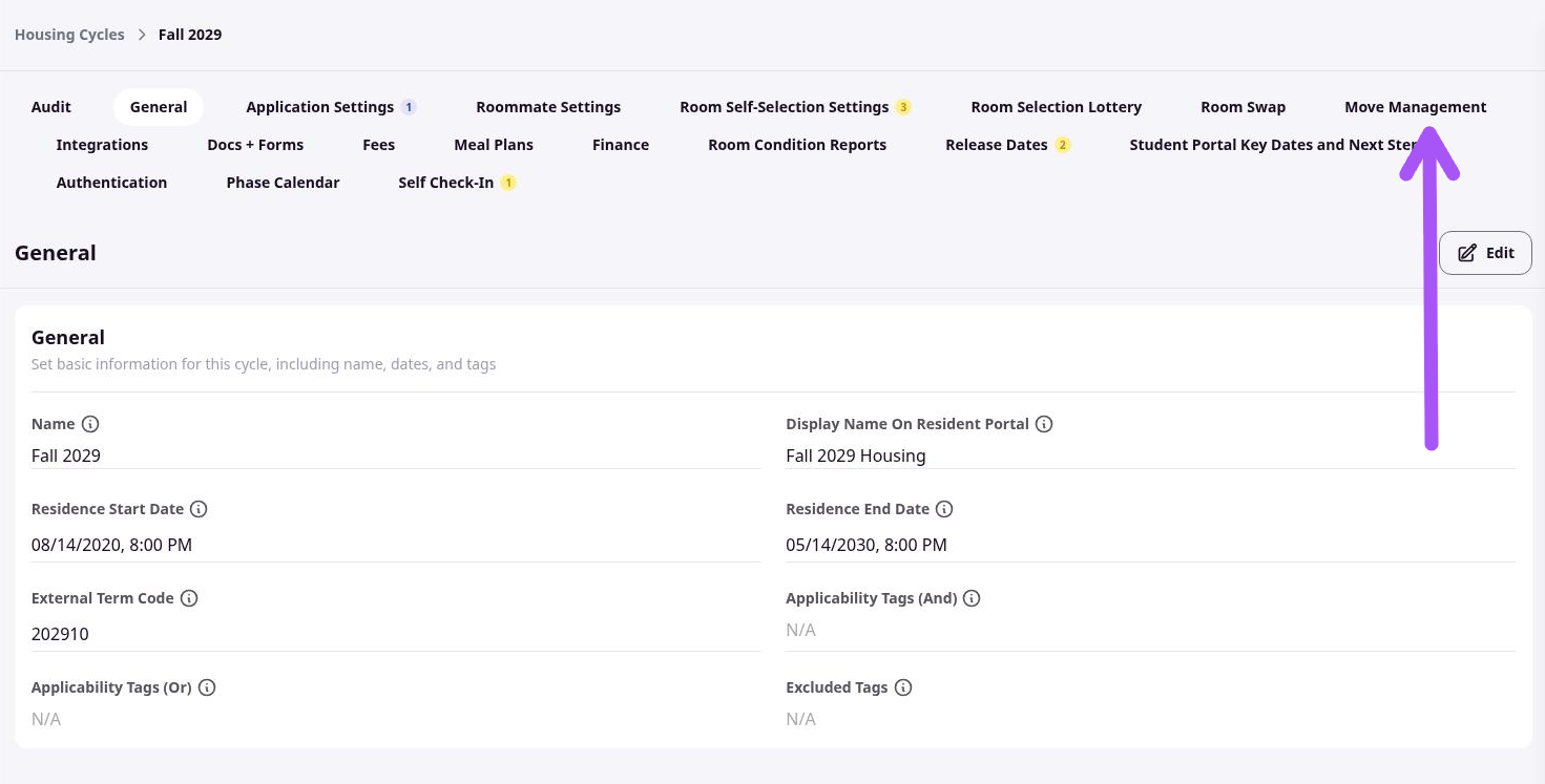 Housing Cycle General page showing Name, Display Name, Residence Start Date, and Residence End Date