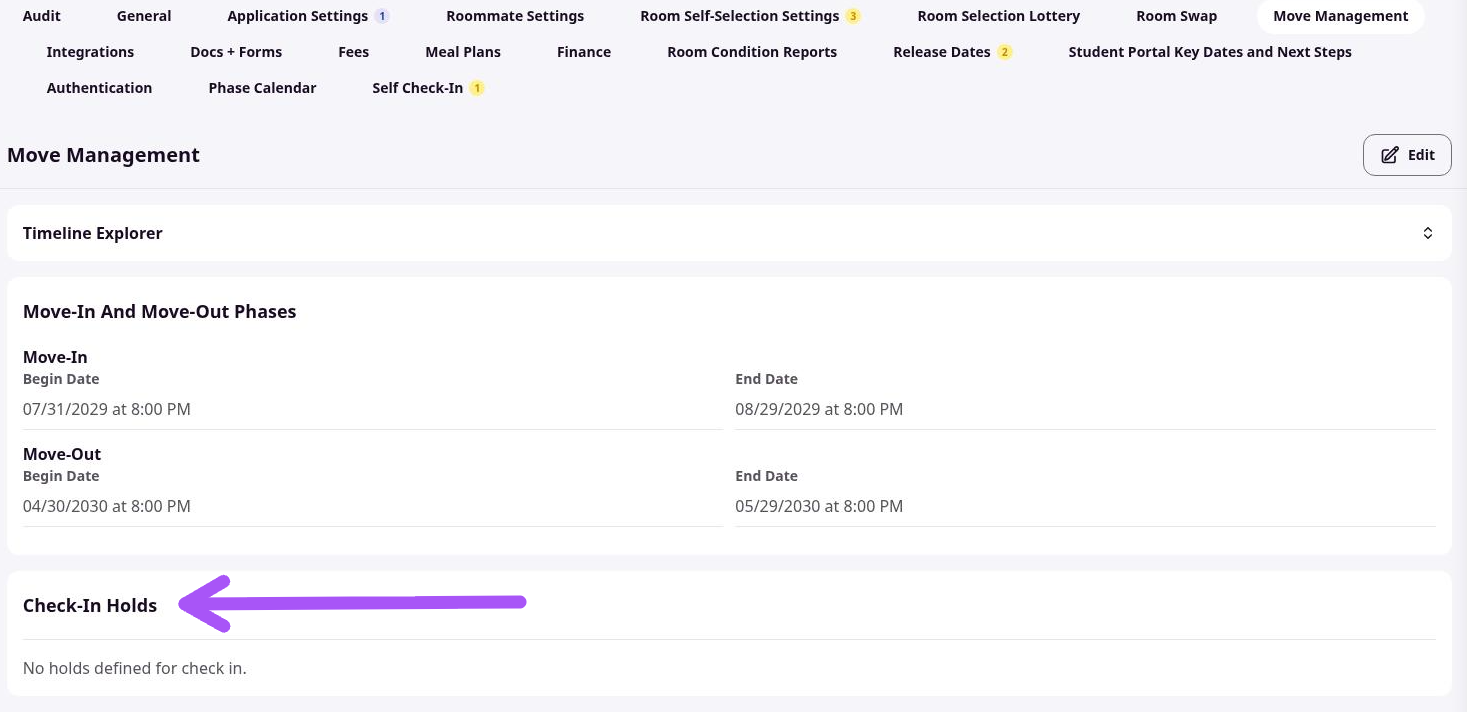 Housing Cycle Move Management page showing Move-in and Move-Out Phases and Move-In/Out Settings
