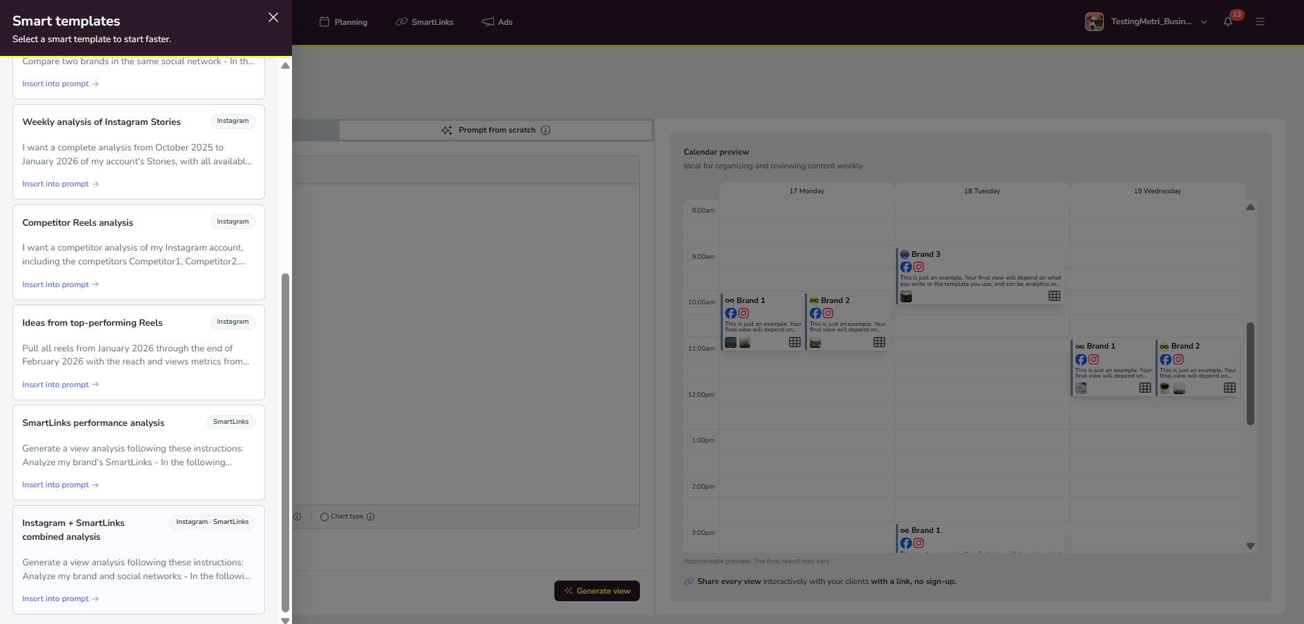 Smart templates drawer showing the SmartLinks performance analysis and Instagram + SmartLinks combined analysis templates