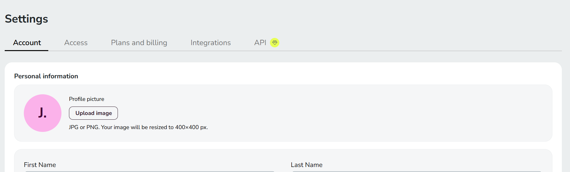 Profile picture section in Account settings