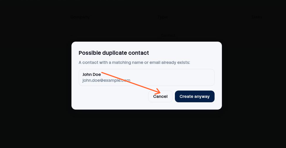 Possible duplicate contact dialog with Create anyway