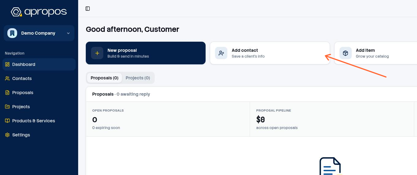 Dashboard with the Add contact quick action