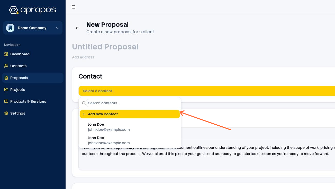 Proposal editor contact picker with Add new contact