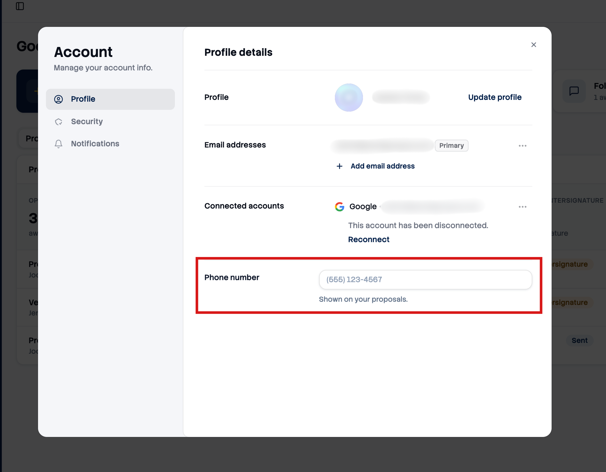 Go to your Account Settings to add your phone number