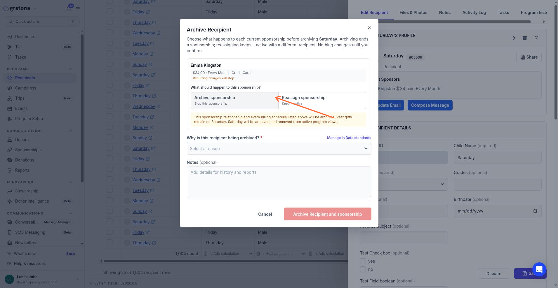 Archive Recipient dialog showing the reason selector and the Archive sponsorship and Reassign sponsorship options for a current sponsorship