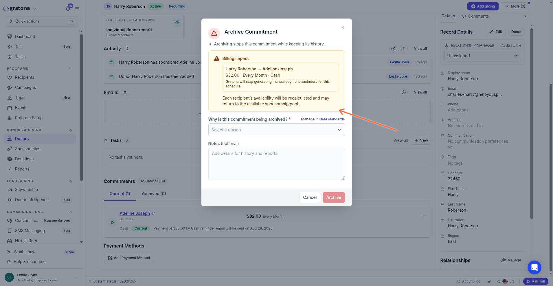 Archive Commitment dialog asking why the commitment is being archived, with a reason selector and optional notes field