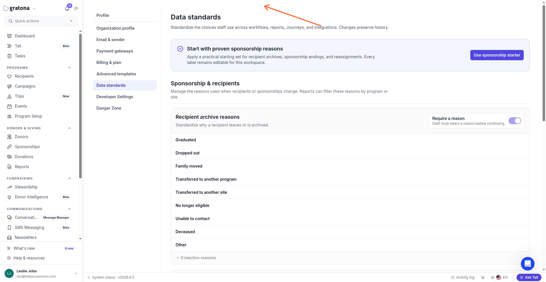 The Data standards page showing the Sponsorship & recipients group with the Recipient archive reasons, Sponsorship ending reasons, and Sponsorship reassignment reasons catalogs, and the Use sponsorship starter panel.
