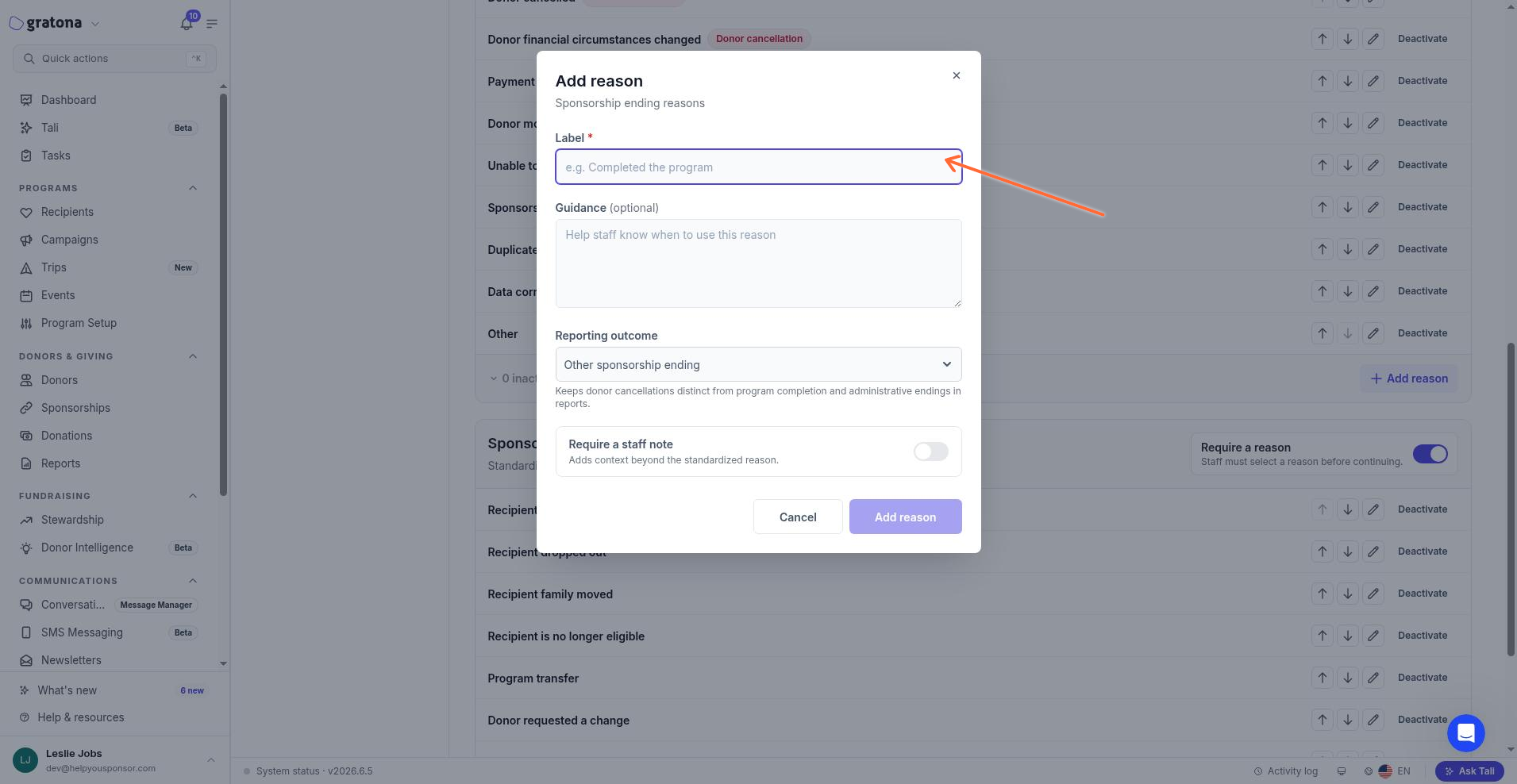 The Add reason dialog for Sponsorship ending reasons with the required Label field, optional Guidance, the Reporting outcome selector, and the Require a staff note option.