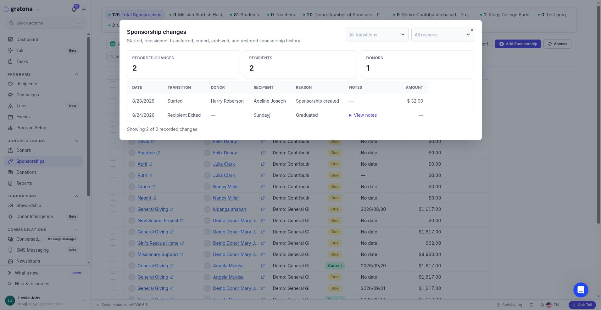 The Sponsorship changes dialog listing recorded changes with filters for transition and reason and summary cards for recorded changes, recipients, and donors.