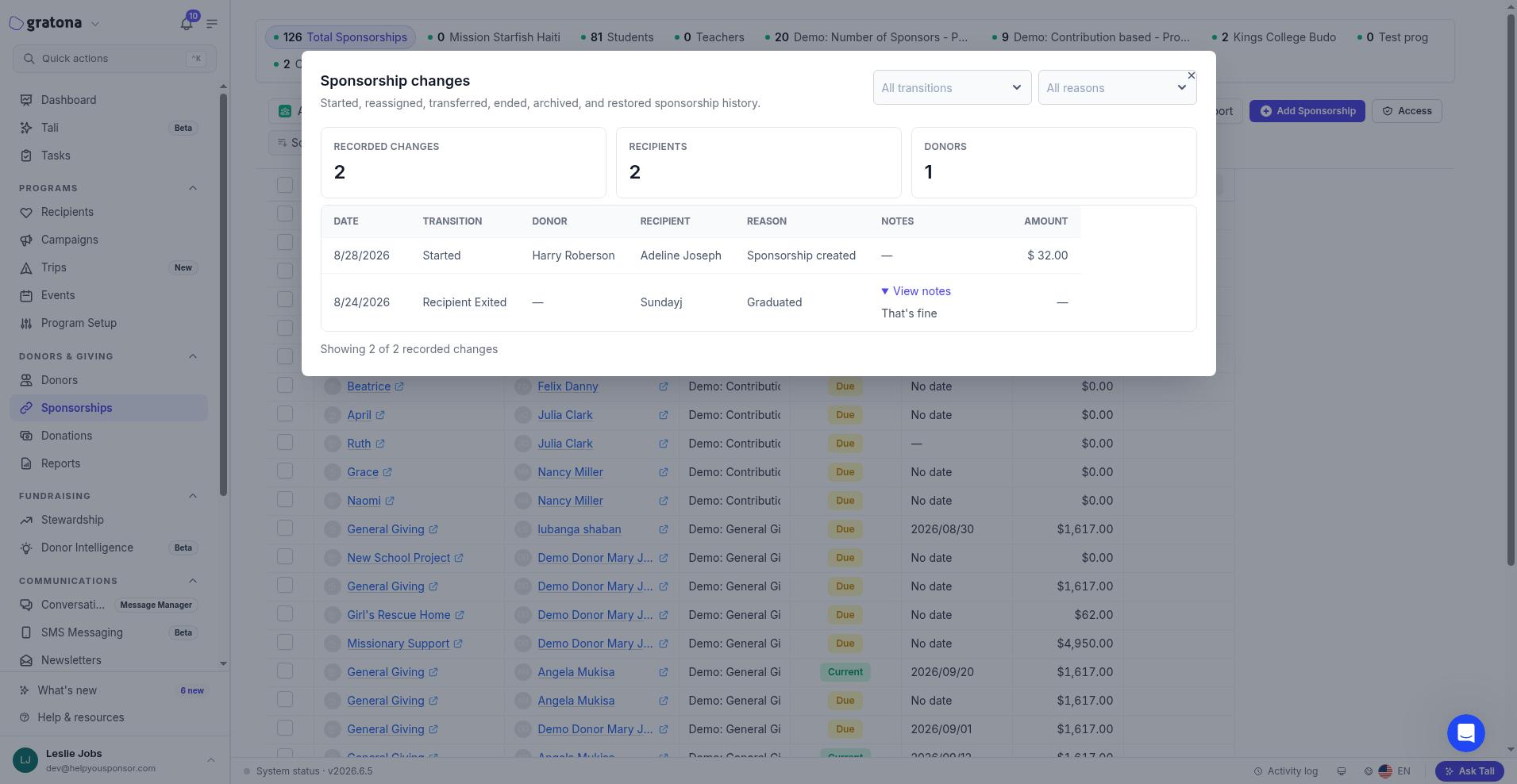 An expanded row in the Sponsorship changes dialog showing the staff notes recorded with a recipient exit.