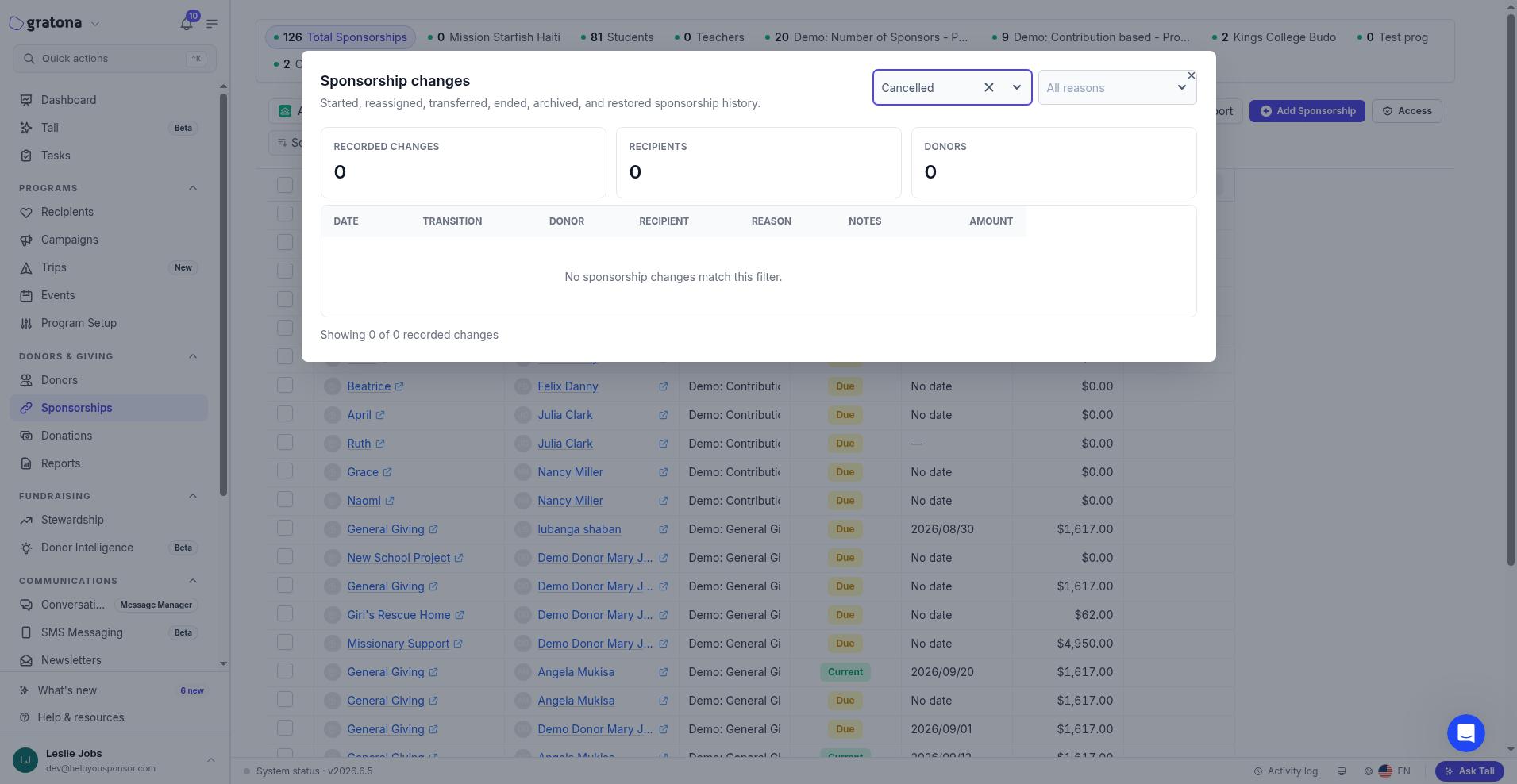 The empty state of the Sponsorship changes dialog showing No sponsorship changes match this filter.