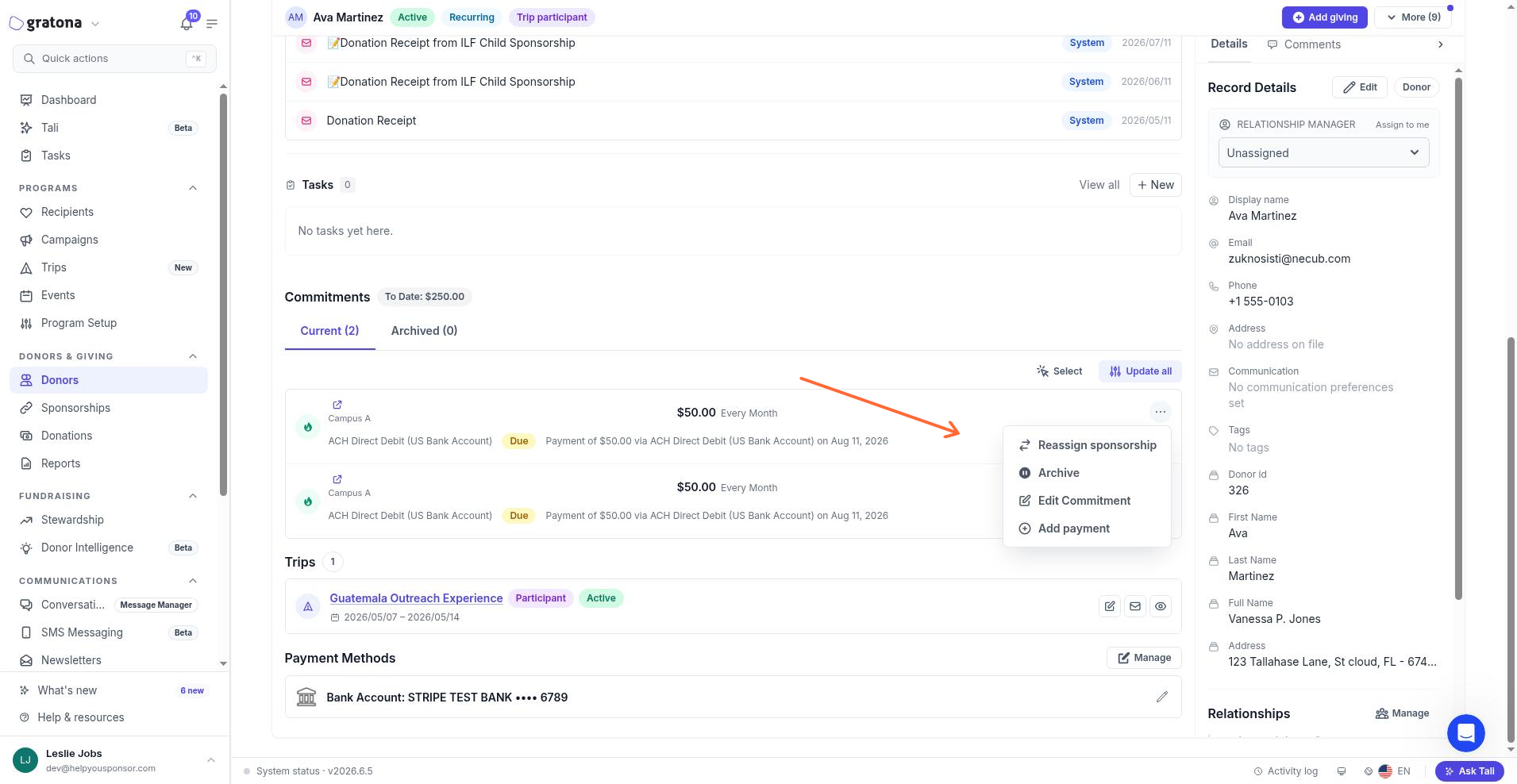 The Reassign sponsorship action on a current sponsorship on the donor profile.