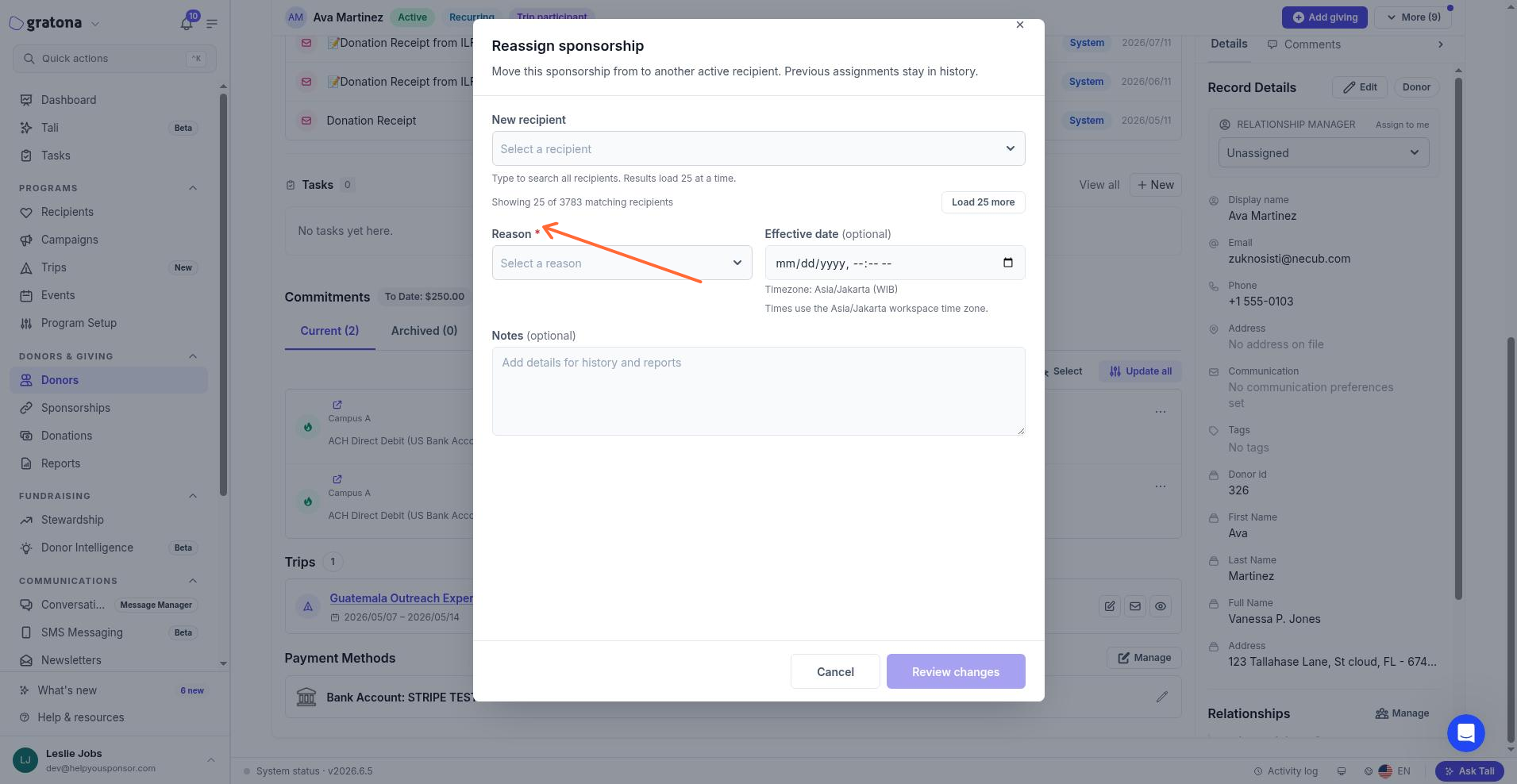 The Reassign sponsorship dialog with New recipient, Reason, Effective date, and Notes fields.