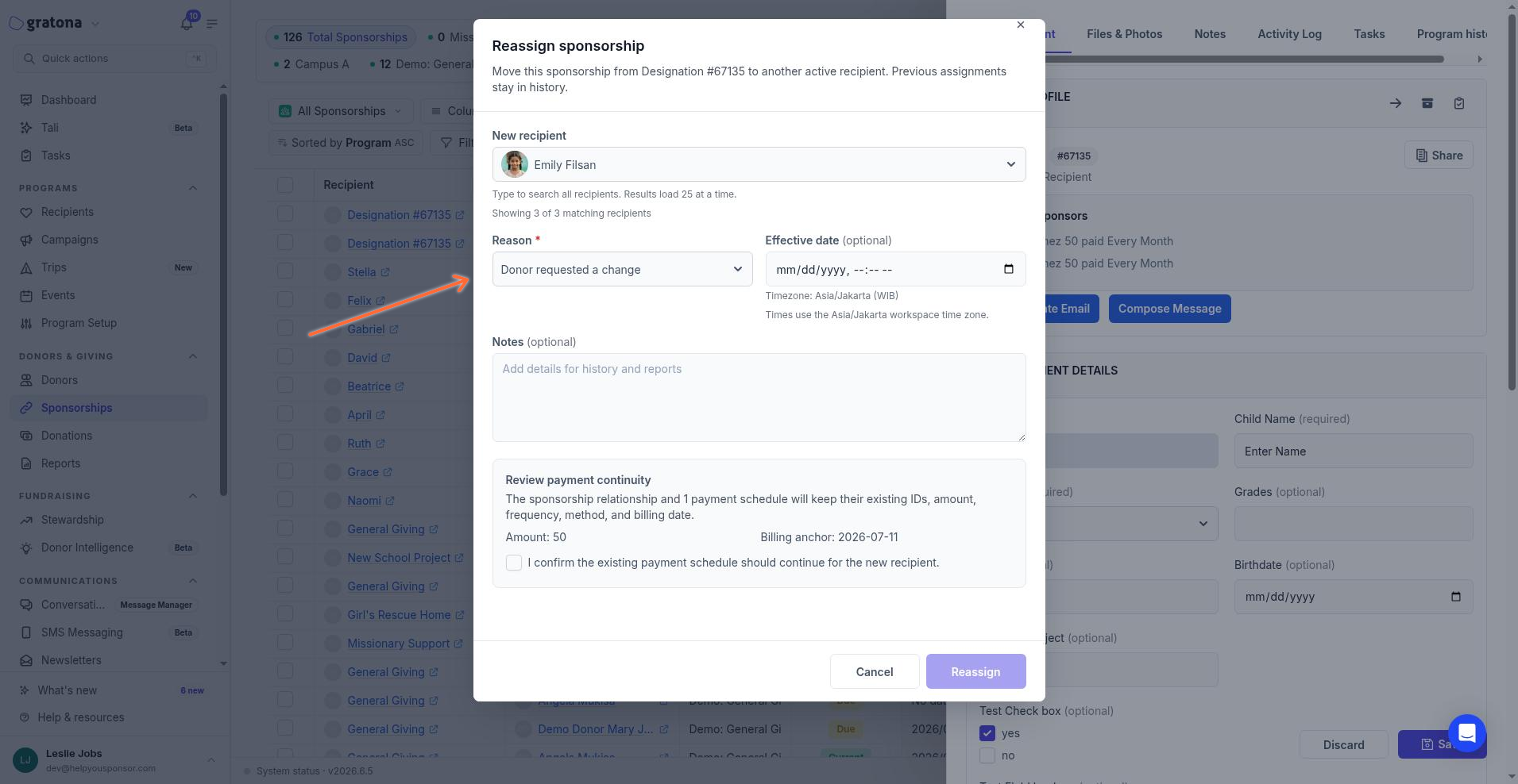 The Review payment continuity panel with the amount and billing date, the confirmation checkbox, and the Reassign action.
