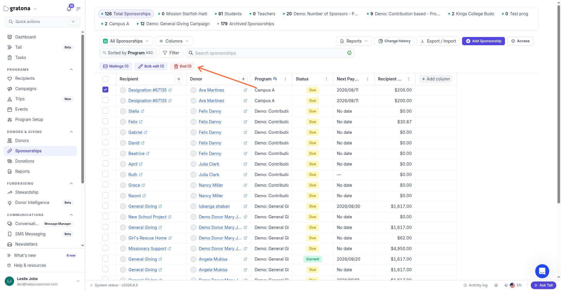 The Sponsorships table with rows selected and the bulk End action showing the selected count