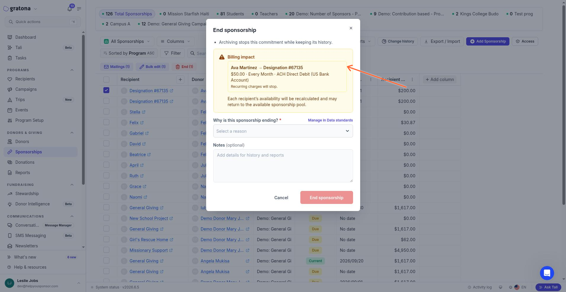 The End sponsorship dialog showing the billing impact panel, the required reason selector, and the optional notes field