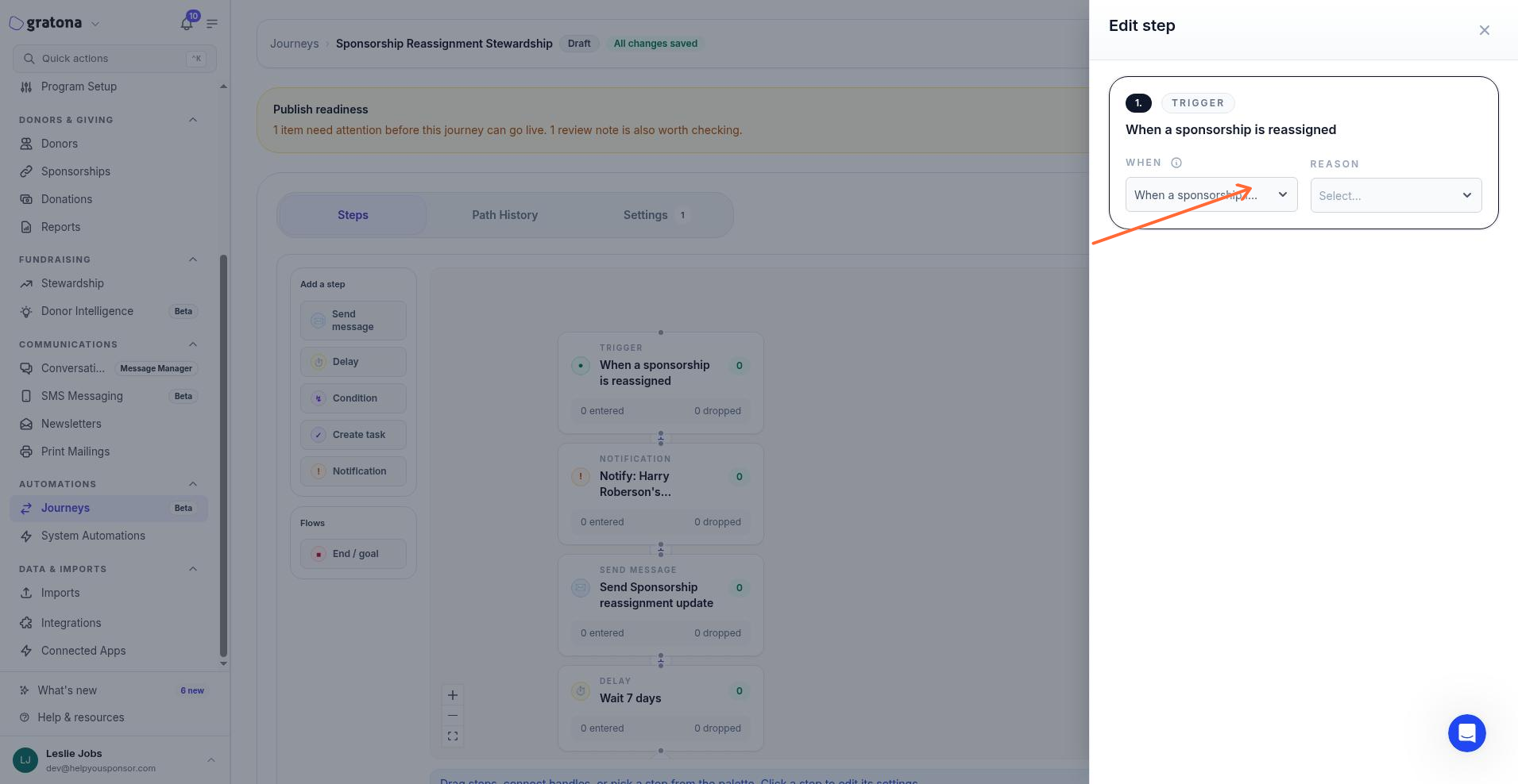 The Journey builder showing the Sponsorship Reassignment Stewardship draft with the When a sponsorship is reassigned trigger, the notify step, the Sponsorship reassignment update email, and the wait 7 days delay