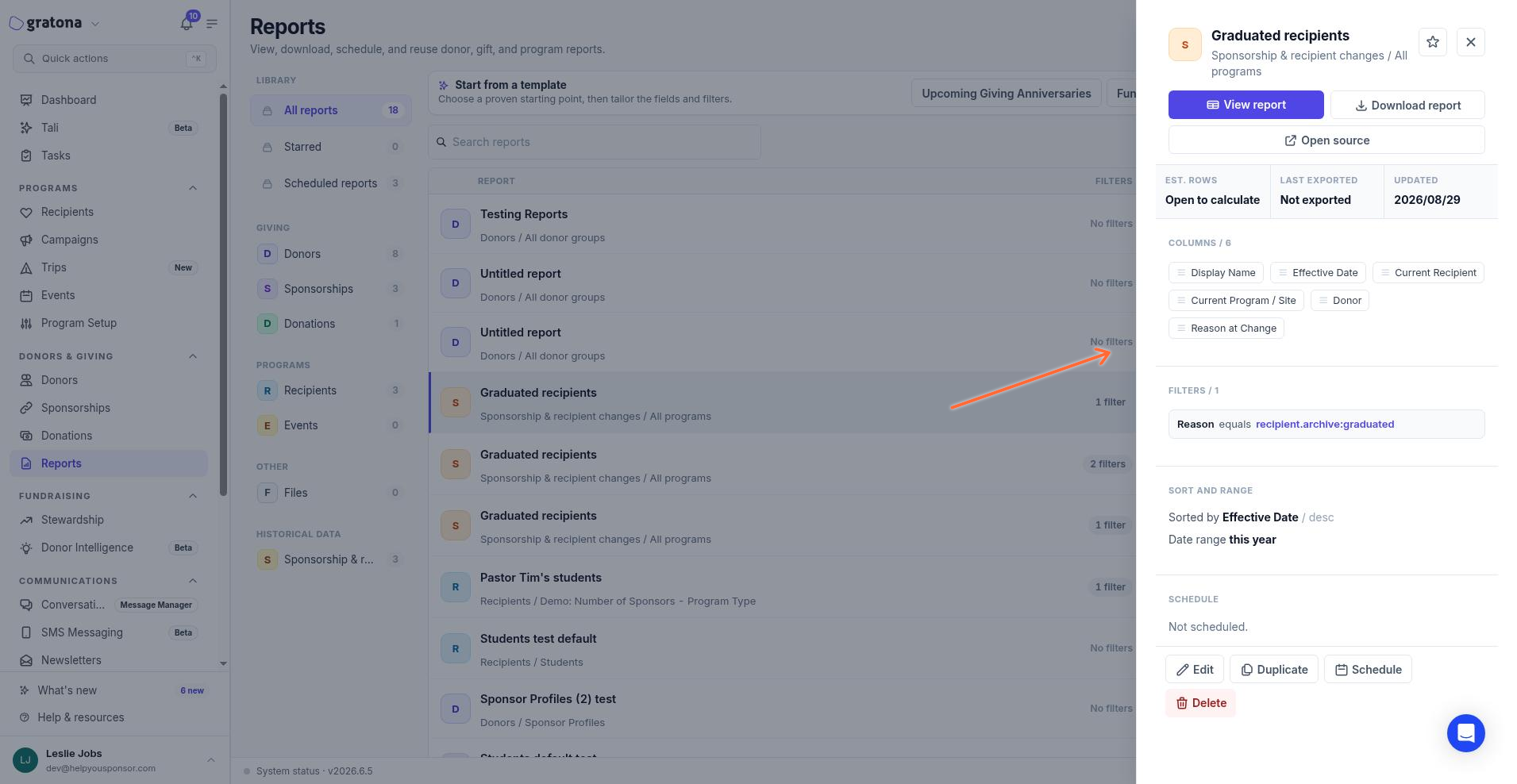 The saved Graduated recipients report details showing the Reason filter set to recipient.archive:graduated, the date range set to this year, and the View report, Download report, Edit, Duplicate, Schedule, and Delete actions