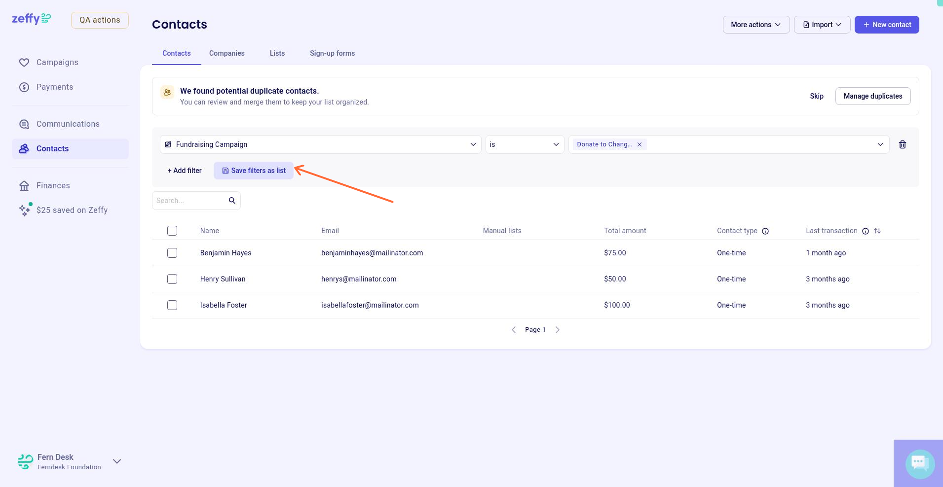 Option „Filter als Liste speichern“