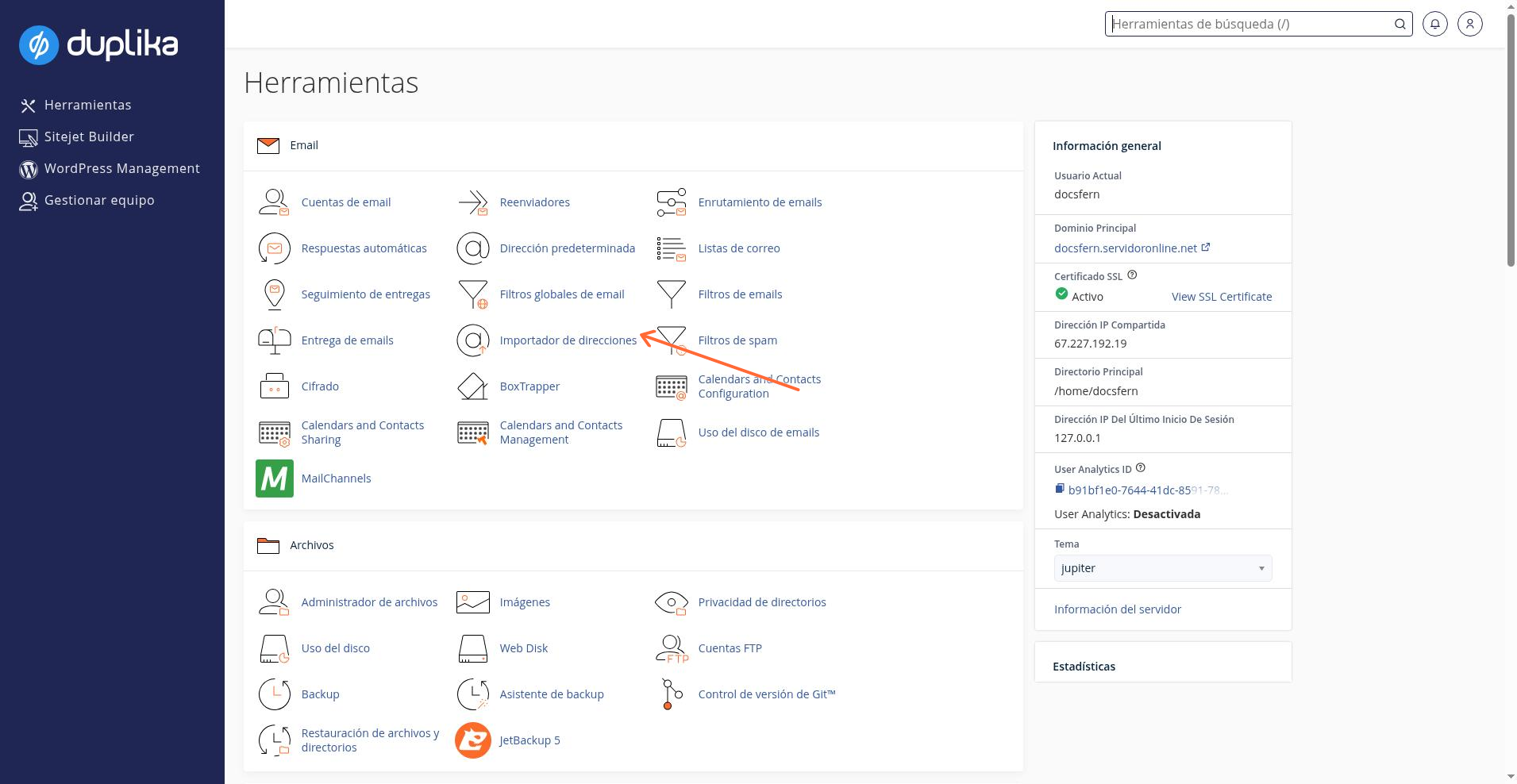 Importador de direcciones en la sección Email de cPanel