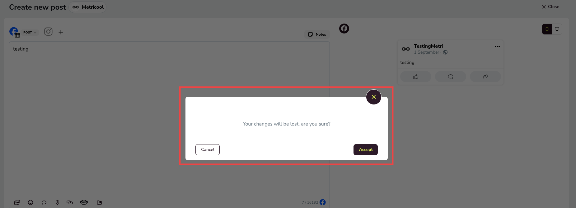 Warning shown when closing the post composer with unsaved changes