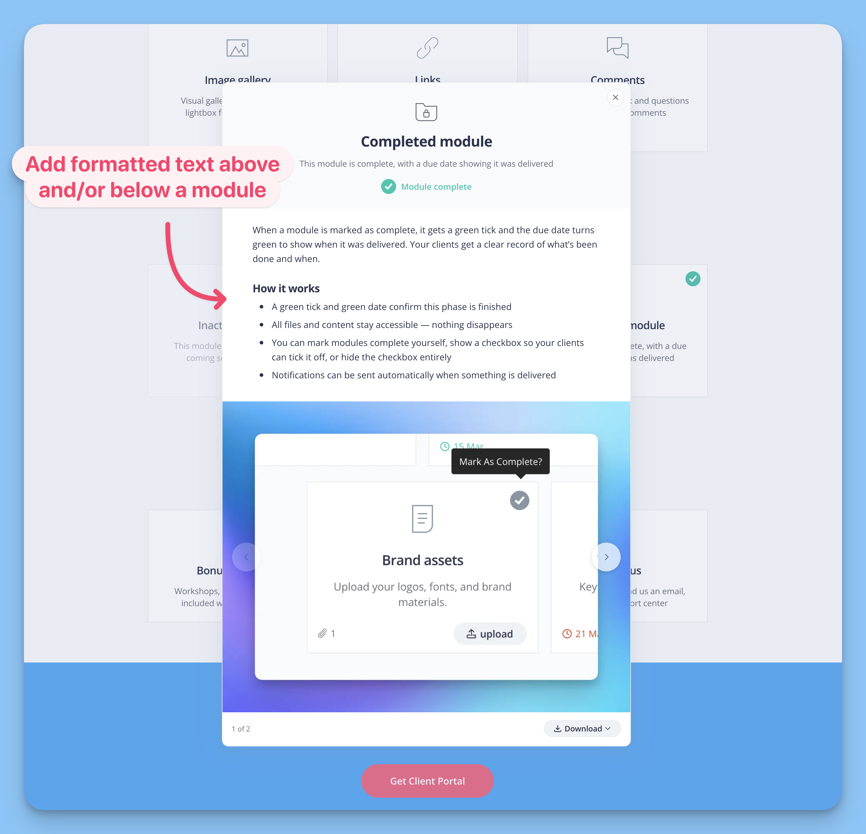 A client portal module with formatted text above and below its content