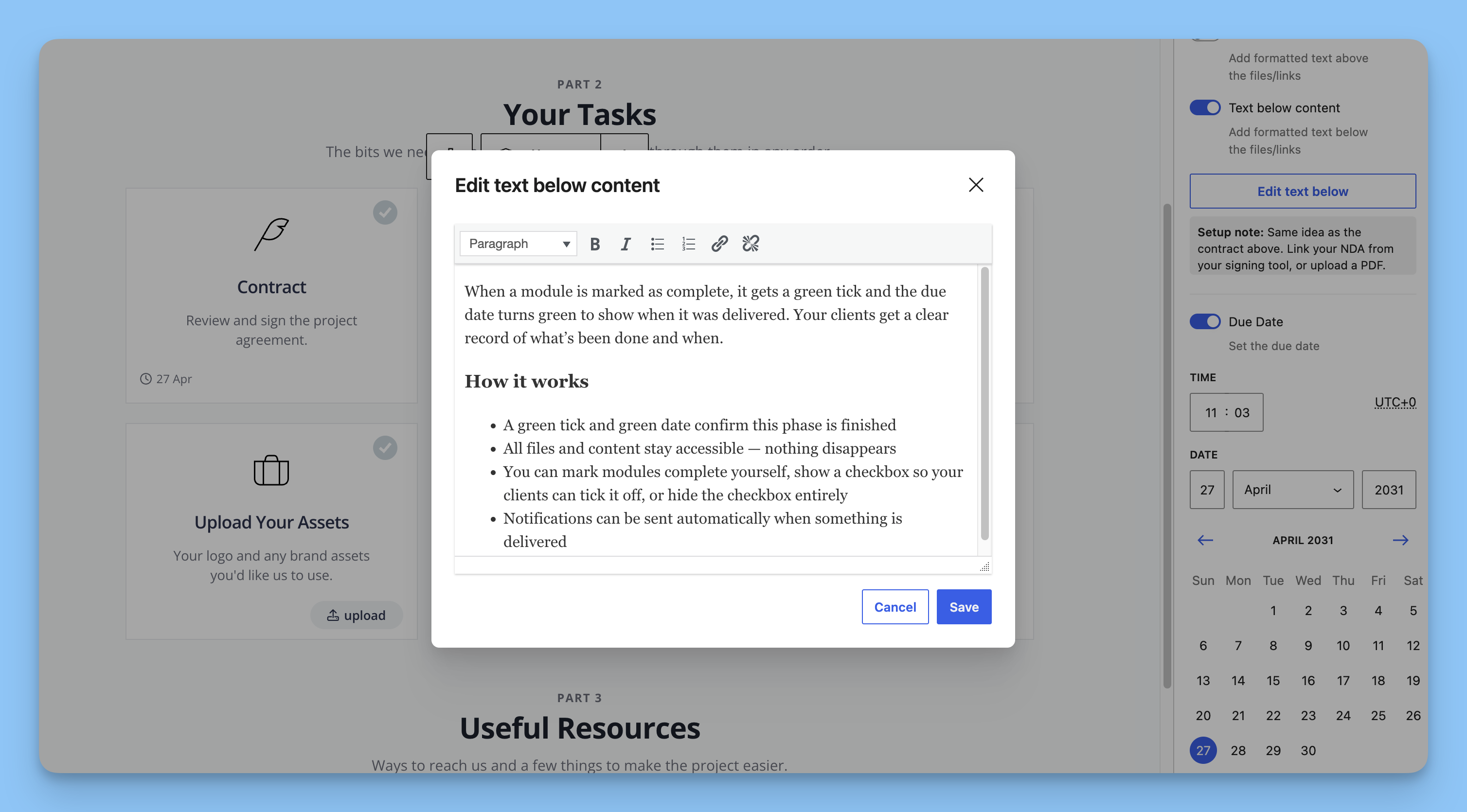 The Edit text below content editor with formatting toolbar