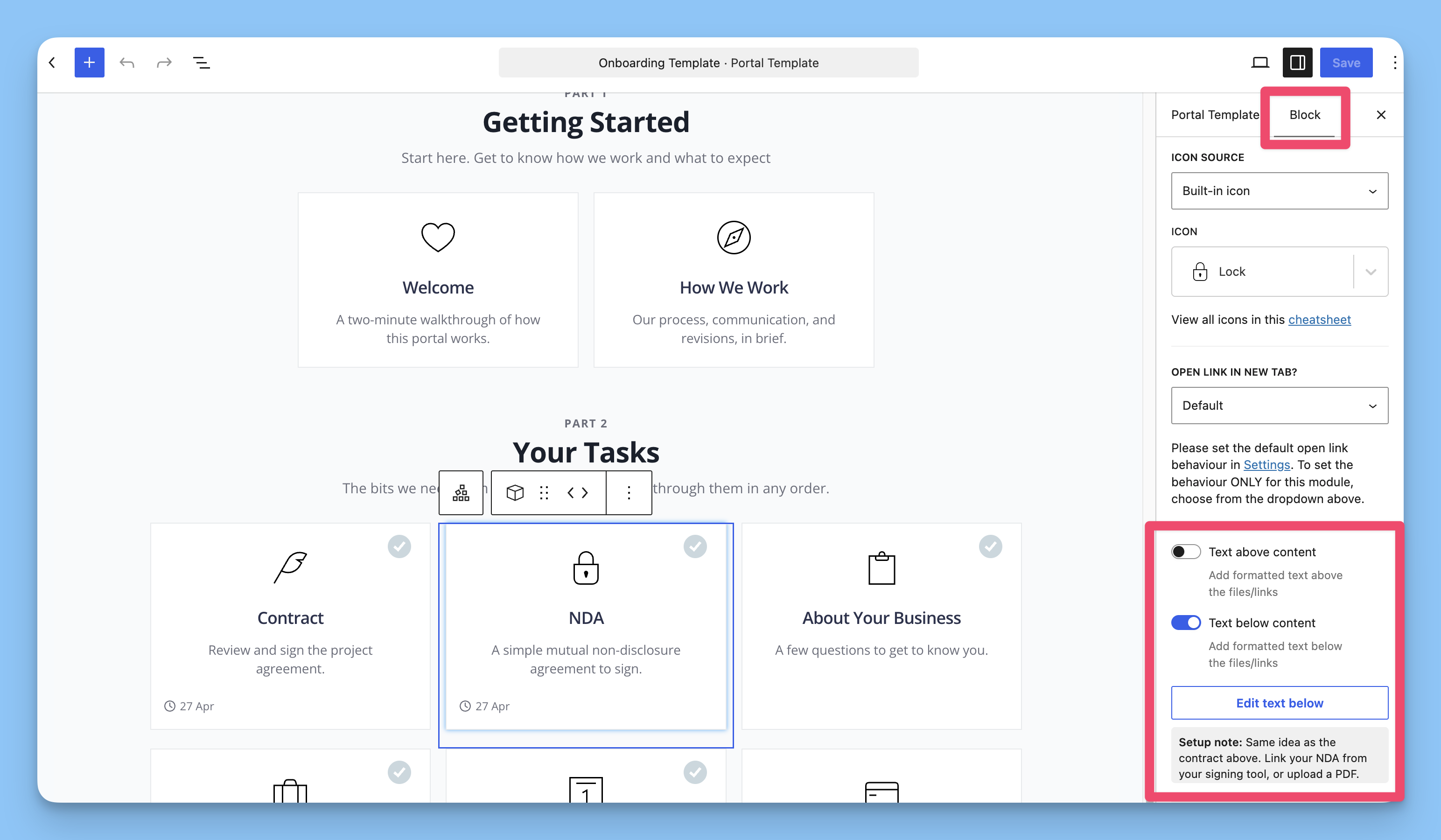 Module Settings showing the Text above content and Text below content toggles