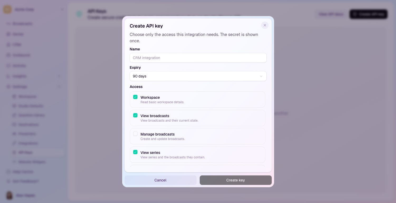 Create an API key with an expiry period and the required scopes