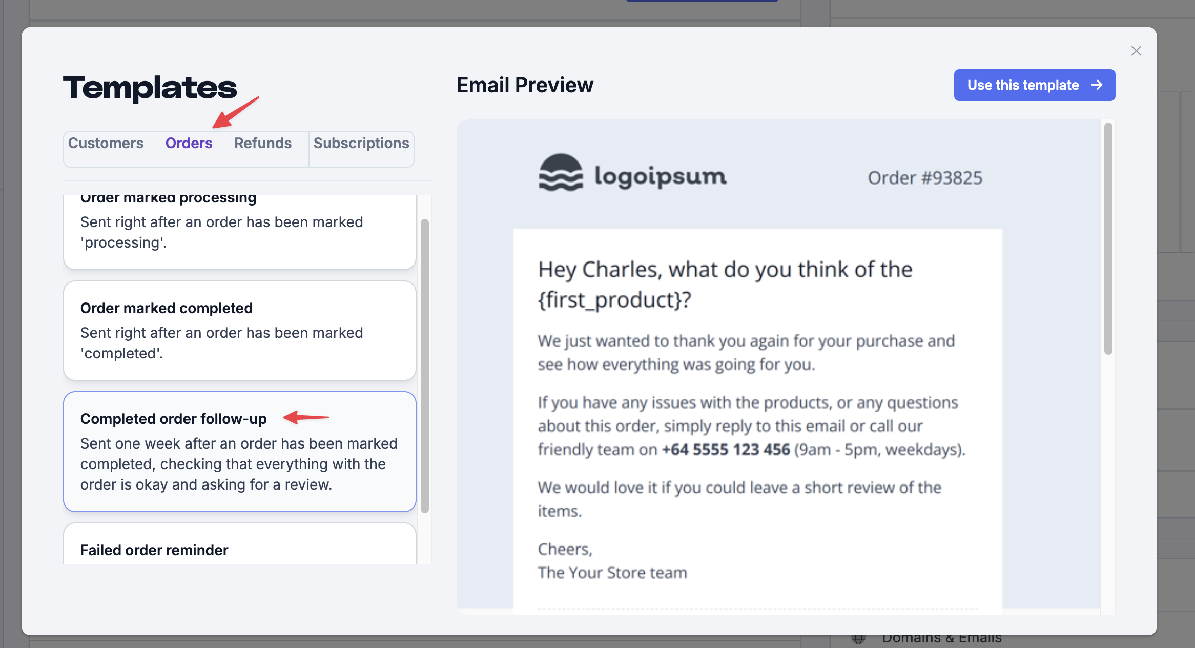 Template picker with Orders tab and Completed order follow-up selected