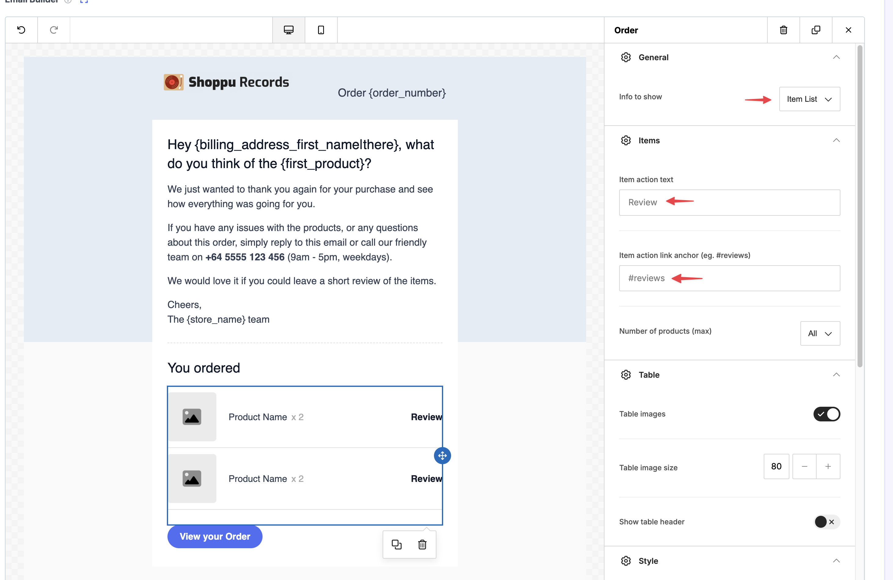 Email builder Order settings with Item action link anchor set to #reviews