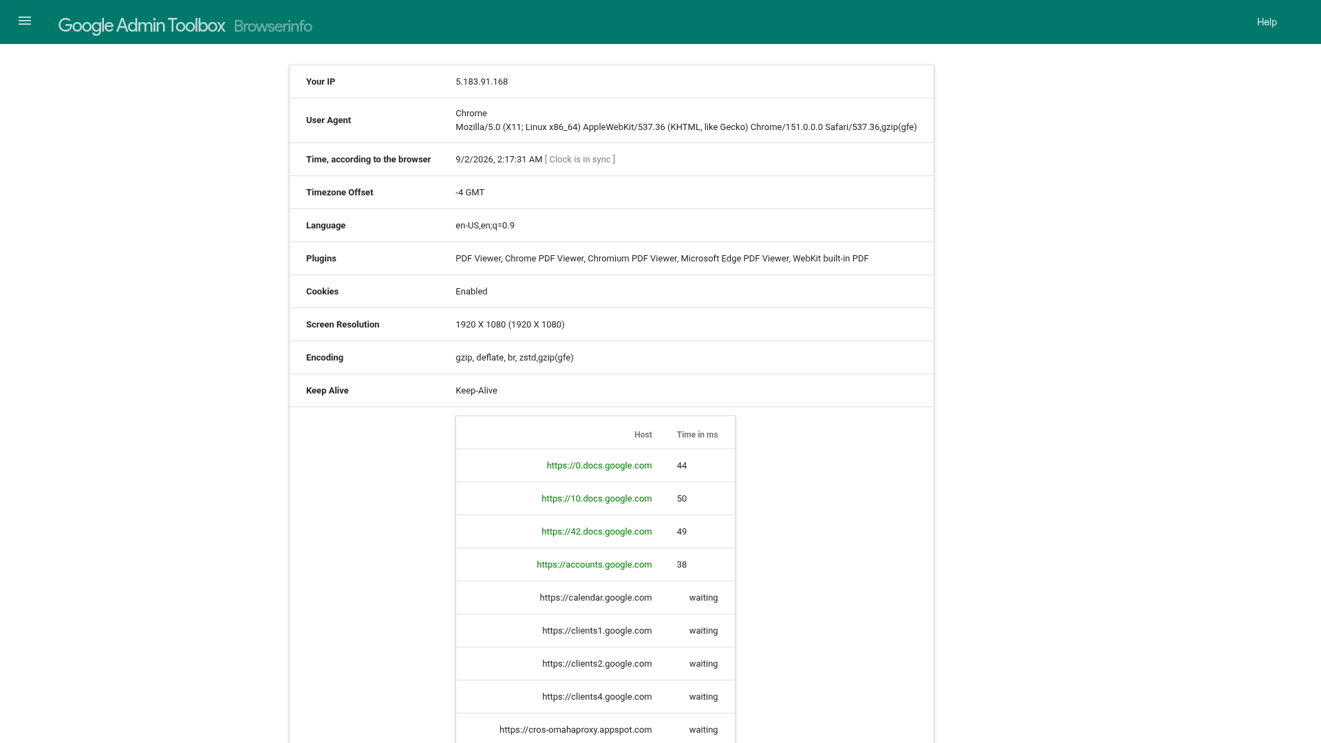 Google Browser Info Tool time check