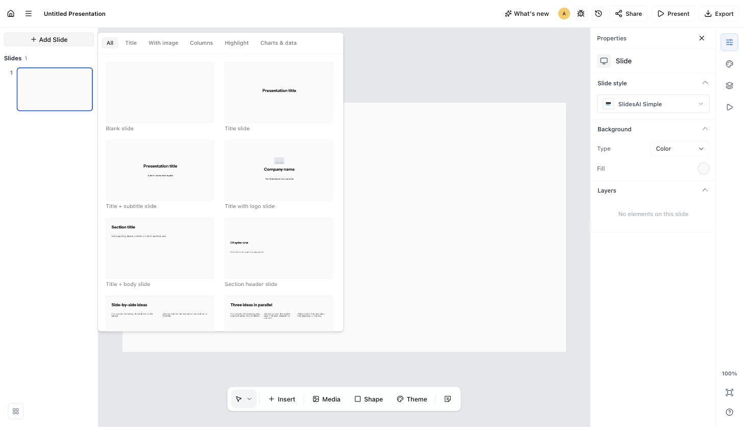The Charts & data tab showing chart, table, and diagram layout previews