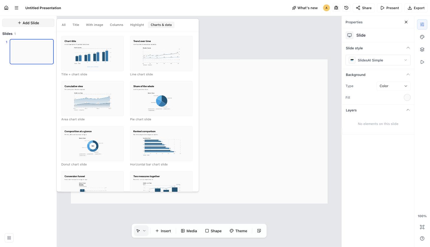 The Add Slide layout picker open, with category tabs across the top and layout previews below