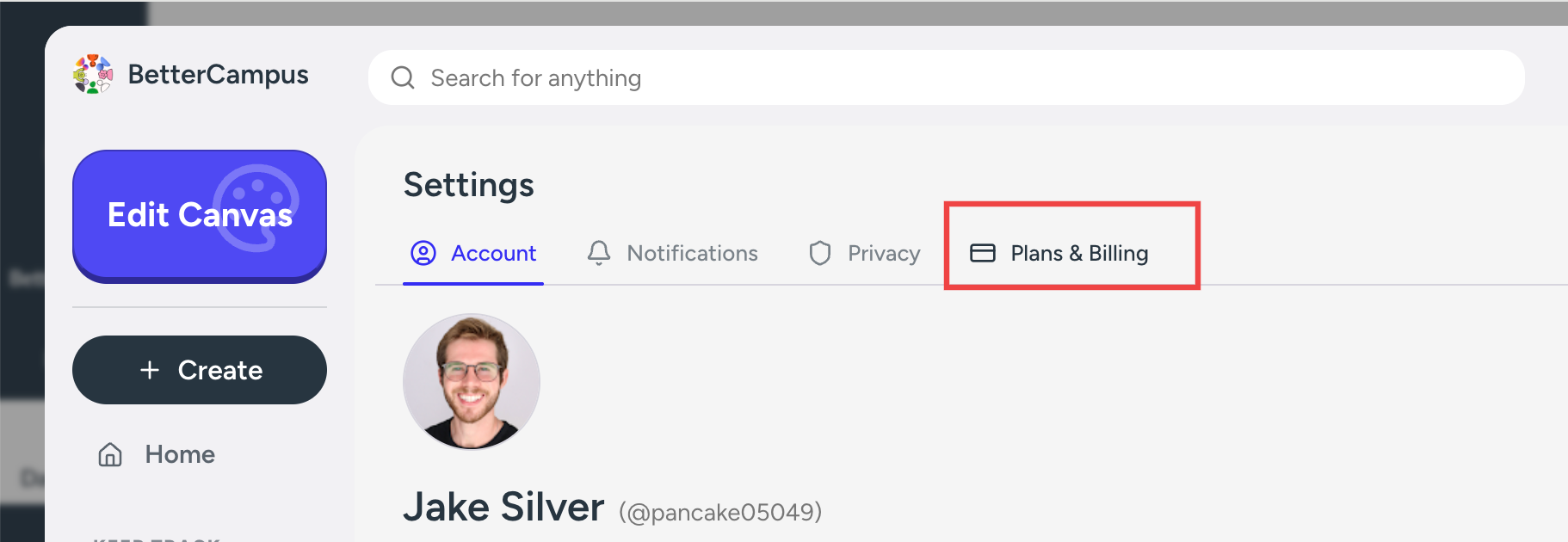 The Settings page with the Plans and Billing tab highlighted