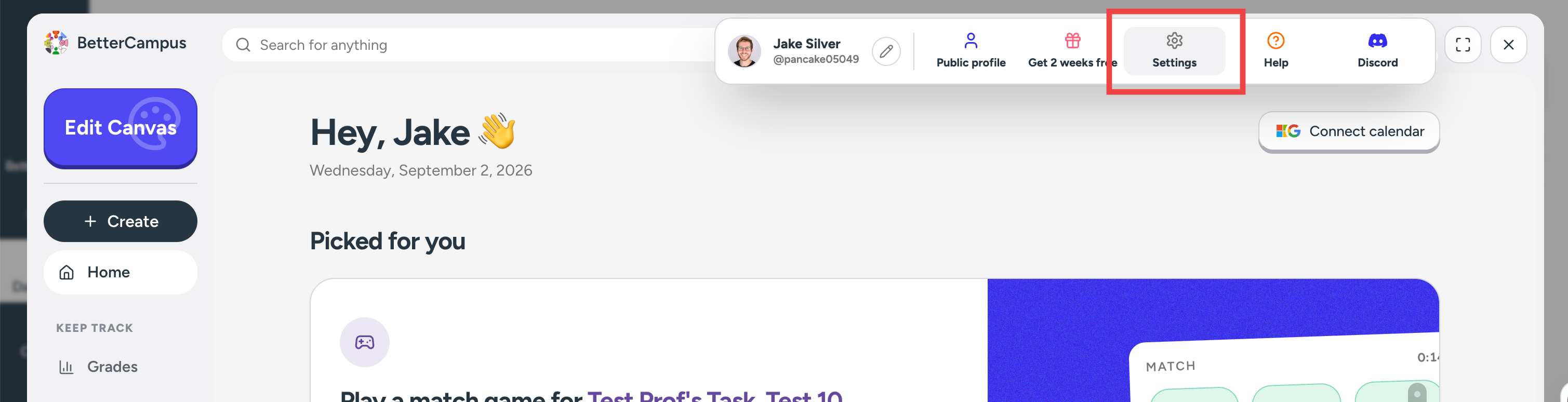The profile menu with Settings highlighted