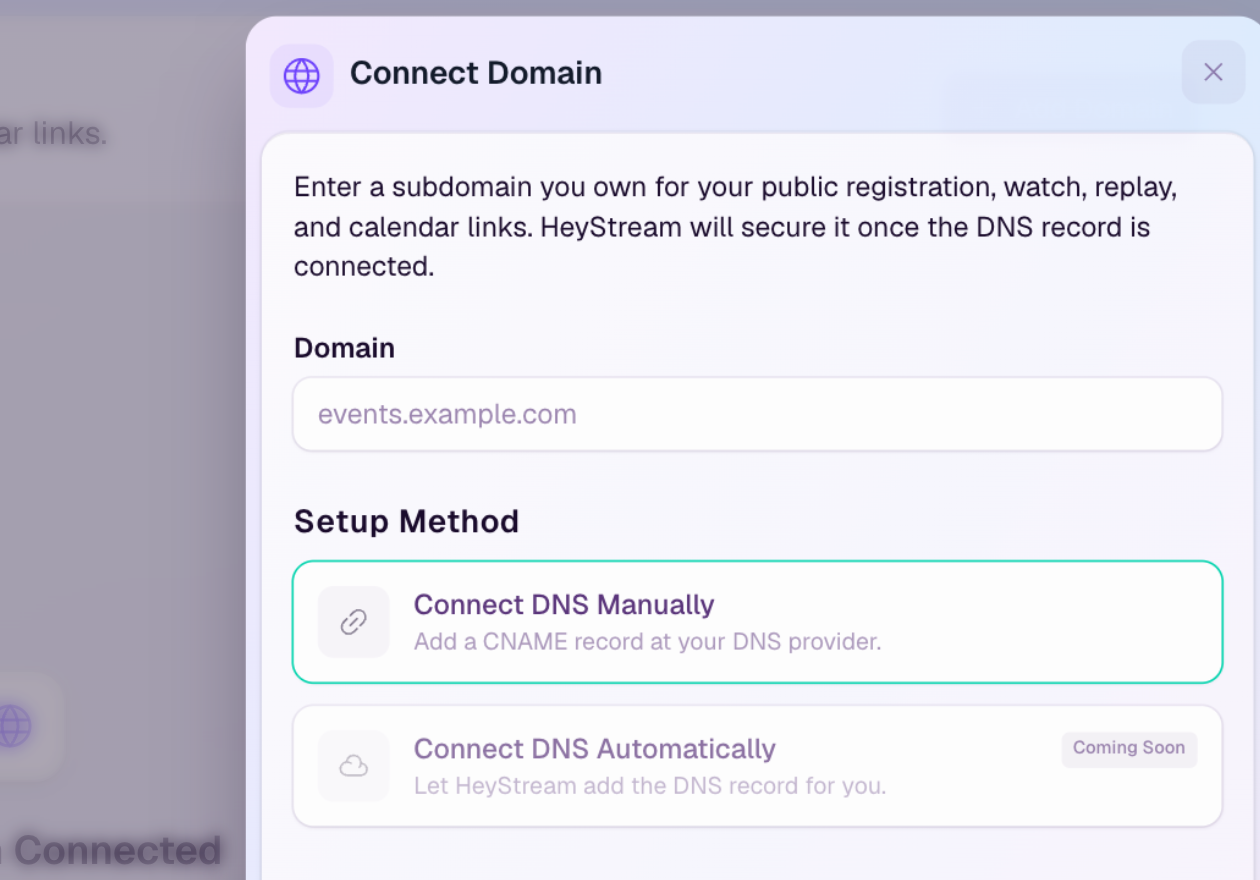 The Connect Domain form with manual DNS setup selected.