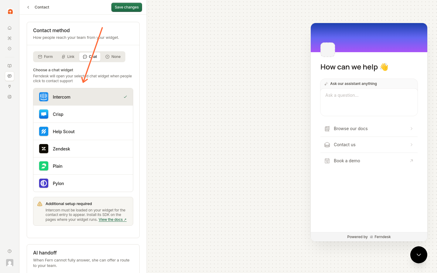 The Intercom option selected under Choose a chat widget