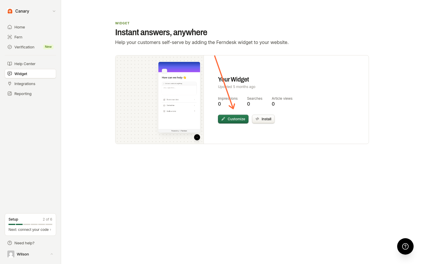 The Widget page with the Customize button highlighted