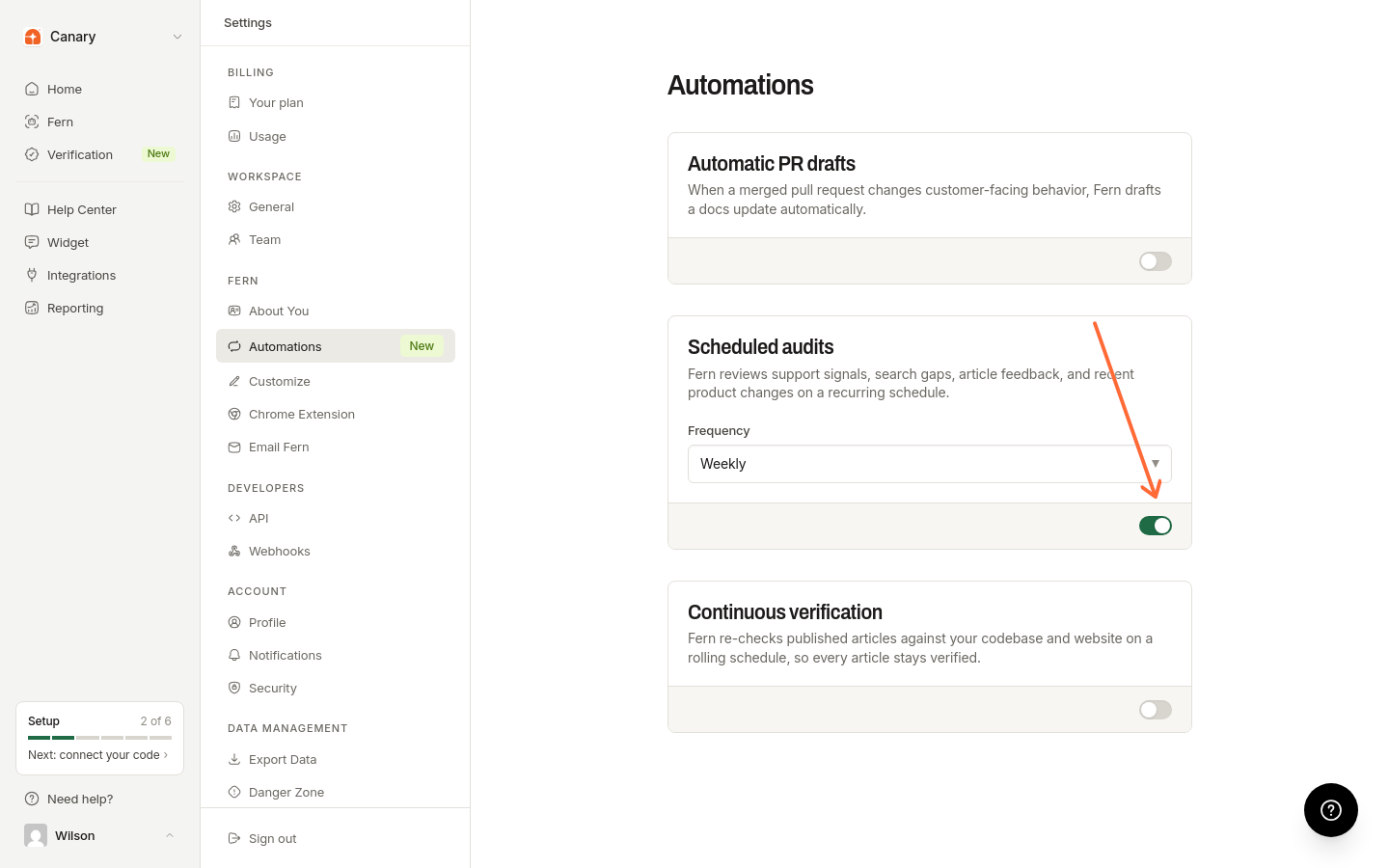 The Automations settings page with the Scheduled audits toggle