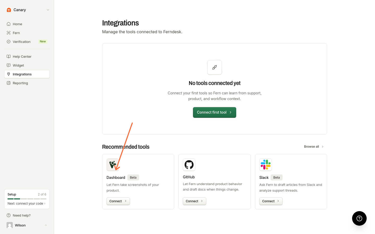 Integrations page showing the Dashboard card under Get started