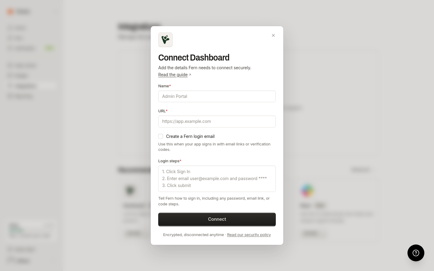 Dashboard connection form with Name, URL, and Login steps fields