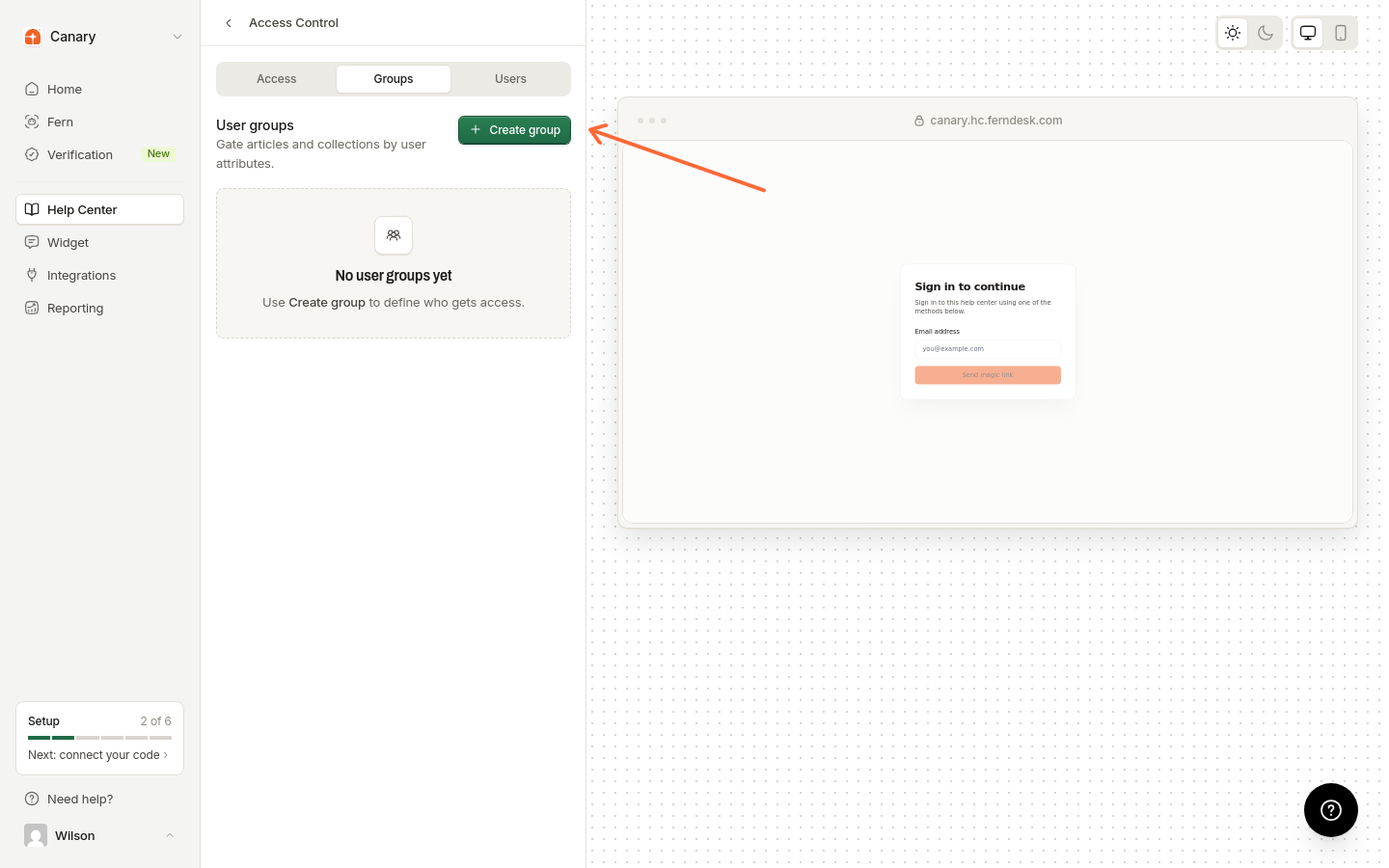 Groups tab in Access Control with the Create group button