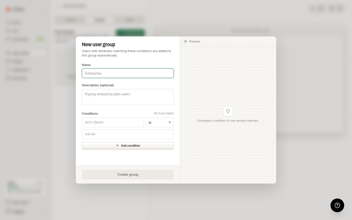 Create group form with name, description, and condition fields