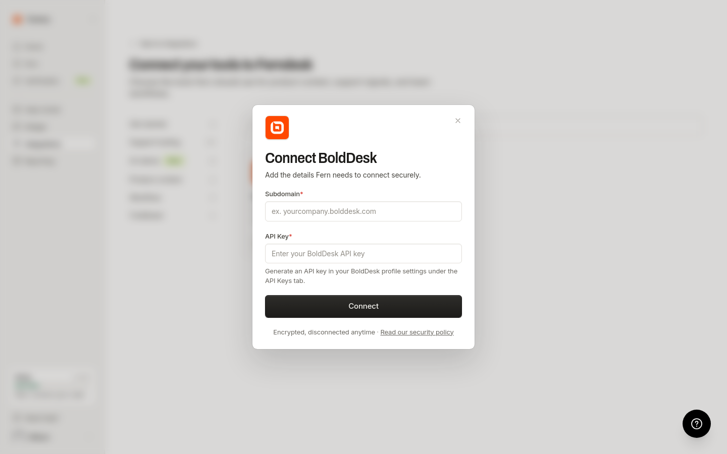 Fenêtre modale de connexion à BoldDesk avec les champs Sous-domaine et Clé API