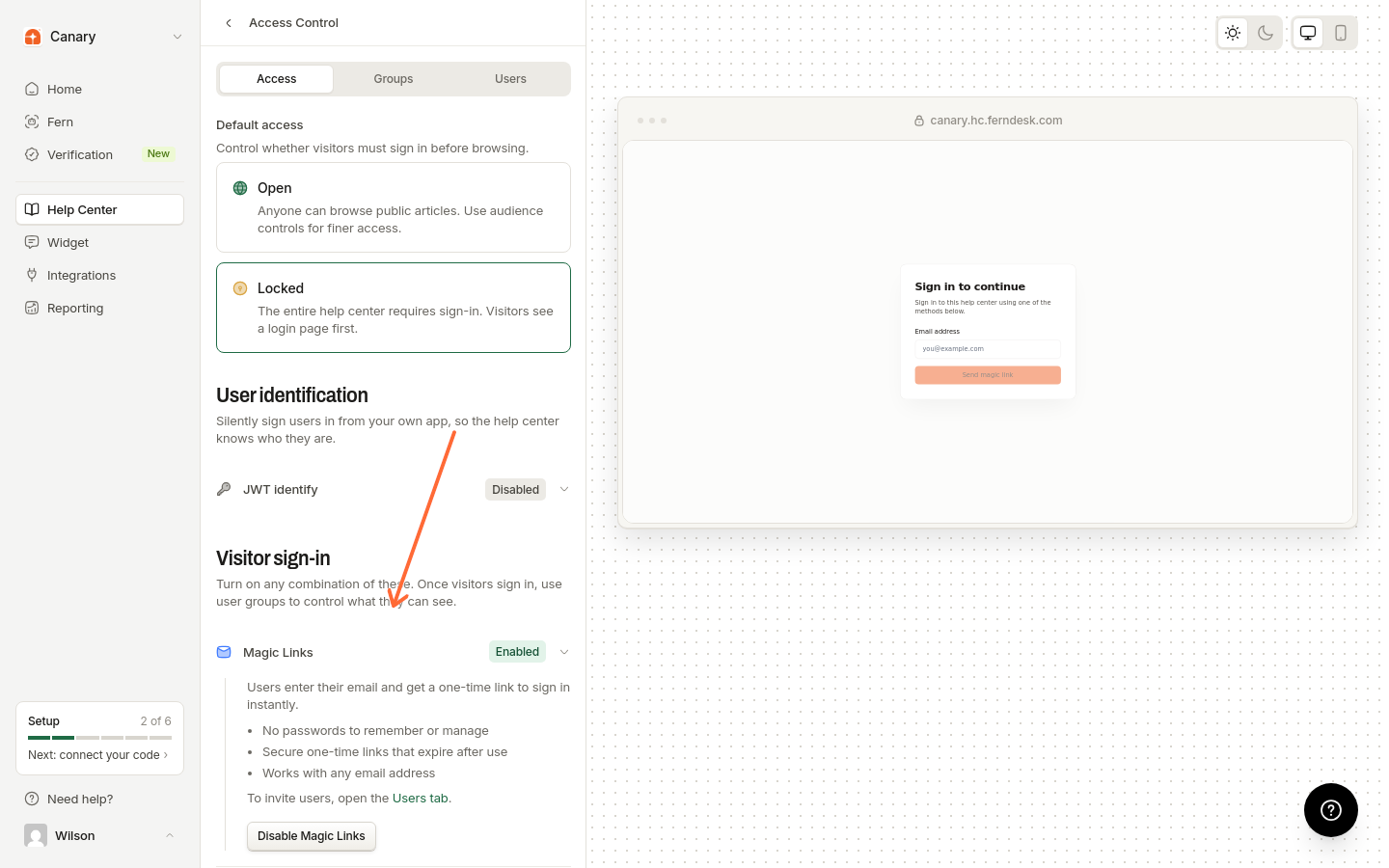 Enable Magic Links under Visitor sign-in