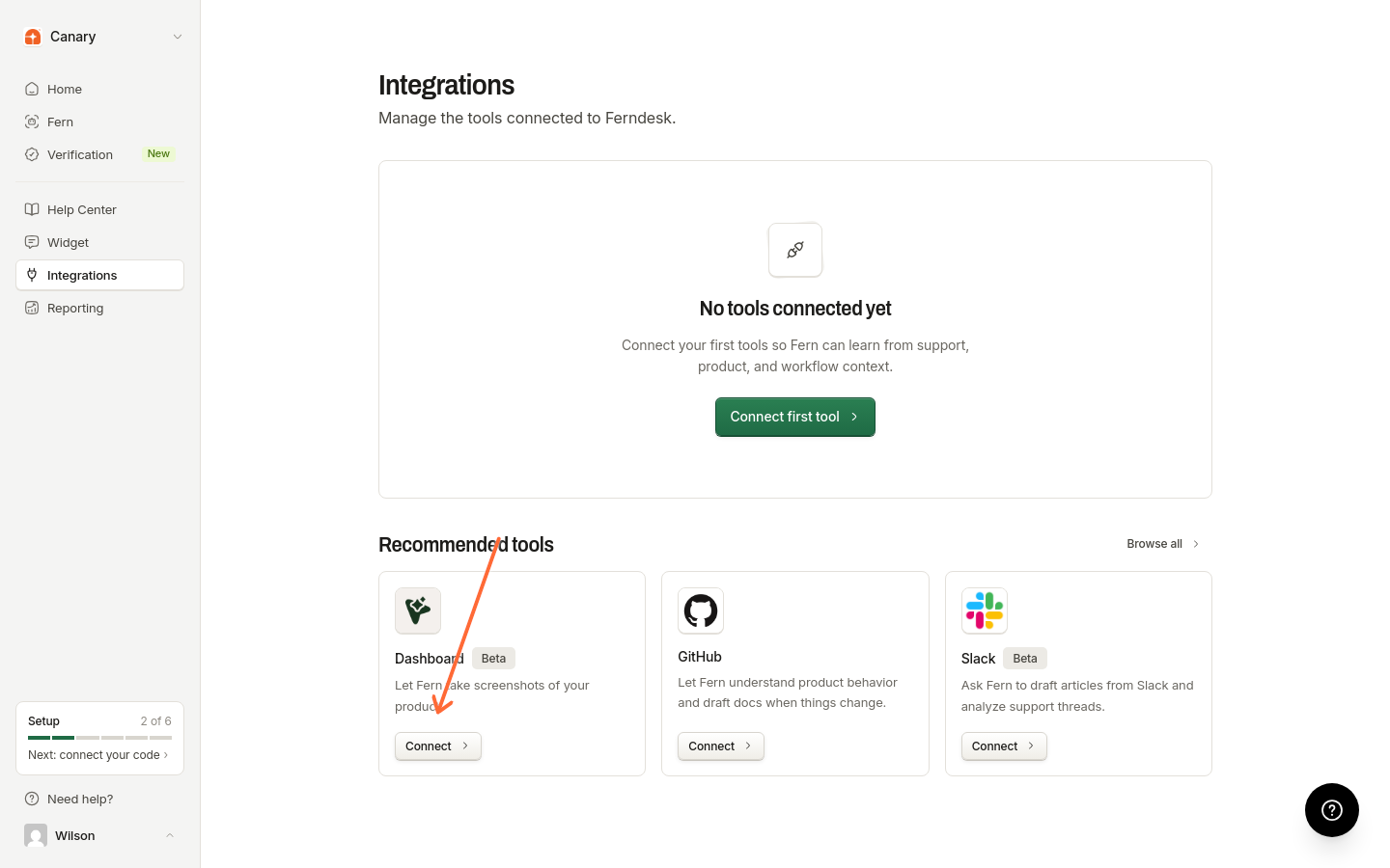 Dashboard integration card with the Connect button highlighted