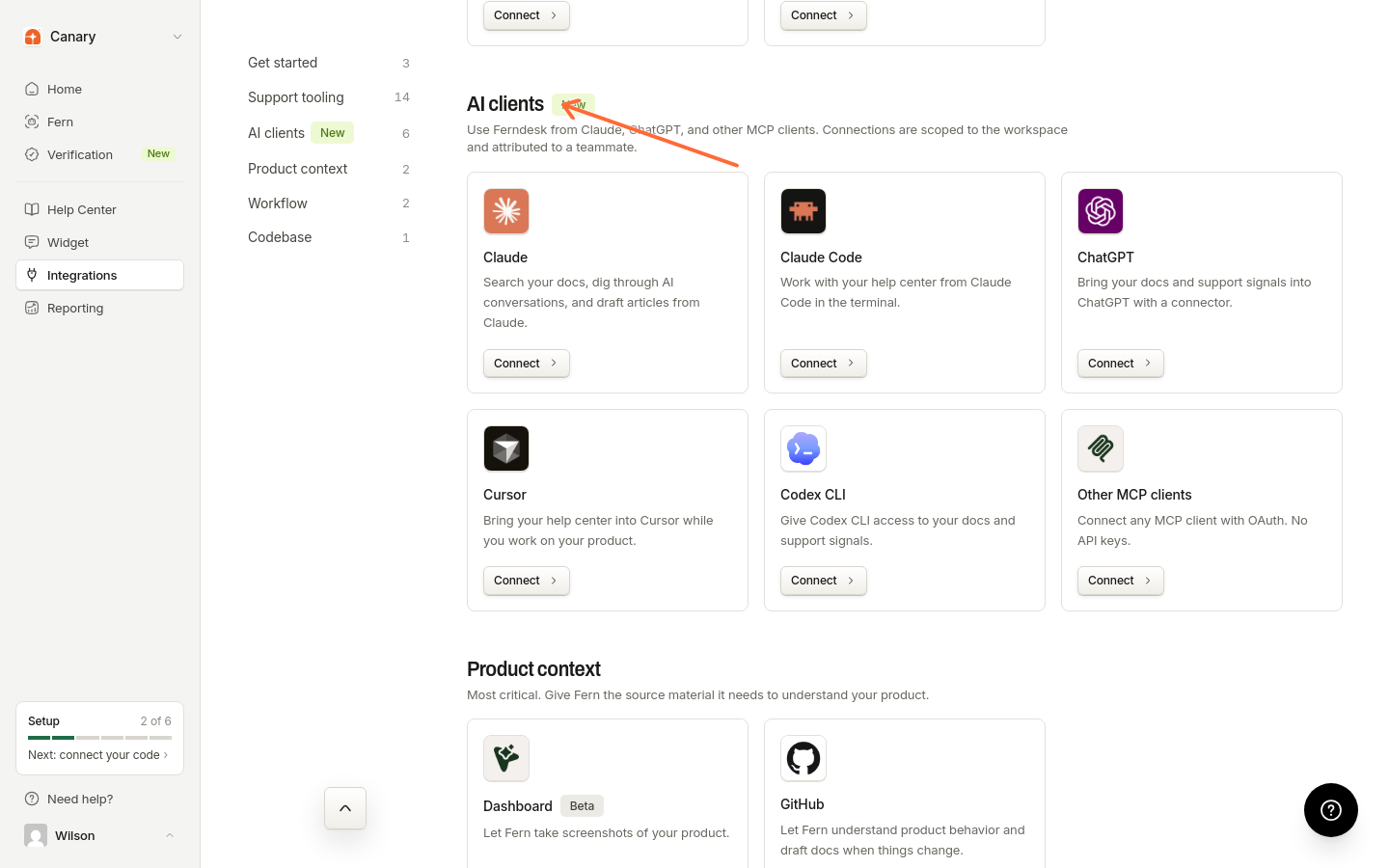 Integrations page highlighting the AI clients category