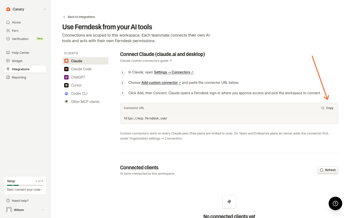 Claude setup panel with Connector URL and Copy button